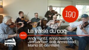 Groupe de musicien(ne)s trad jouant du violon et mandolin dans un salon.