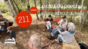 Un groupe de musicien(ne)s jouent banjo, violon, guitare et accordéon dehors sur un banc rouge et des bales de foin à l'automne