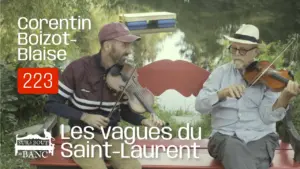 Deux hommes jouent des violons sur un banc à côté d'un étang en été.