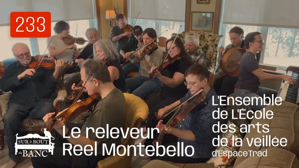Un groupe de 13 personnes jouent musique trad dans un salon aux violons, piano, flûte et bodhran.