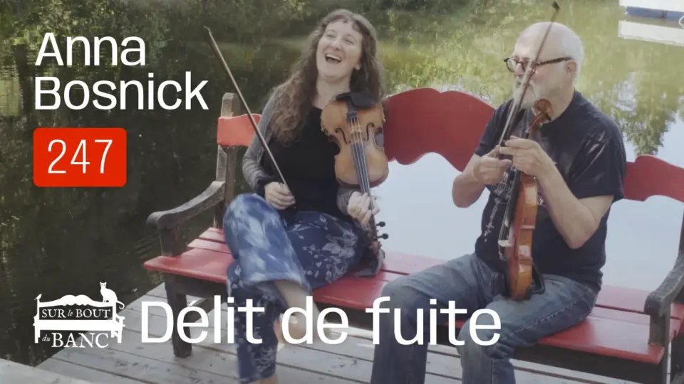 Une femme et un homme jouent violons sur un banc rouge sur bord'un étang en été